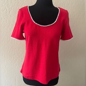 Anthropologie Red Short Sleeve Top with Pearl Trim